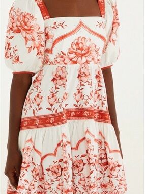 FARM Rio Coral Floral Puff-Sleeve Square-Neck Mini Dress